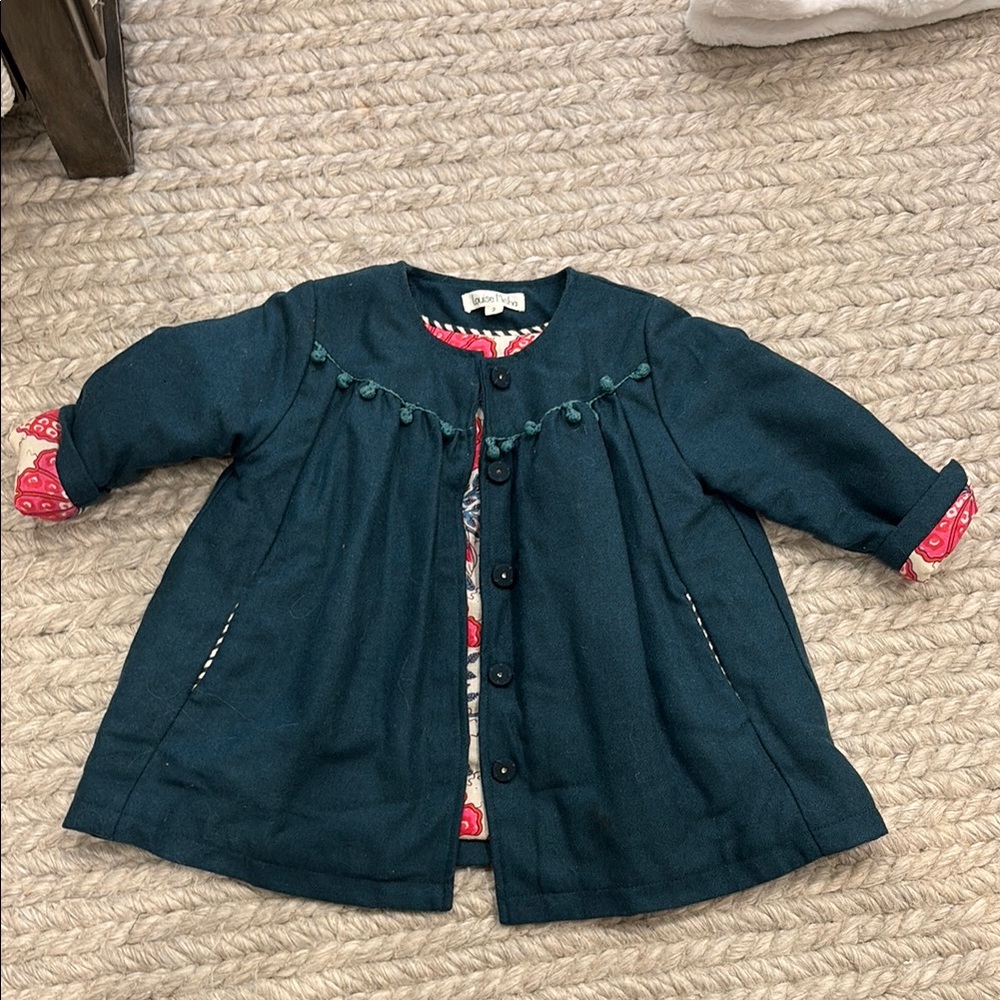 Blue and Red Cape with A-line Silhouette and Floral Trim